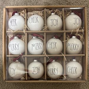 Rae Dunn Ceramic White Holiday Ornament Set with Cheerful Messages